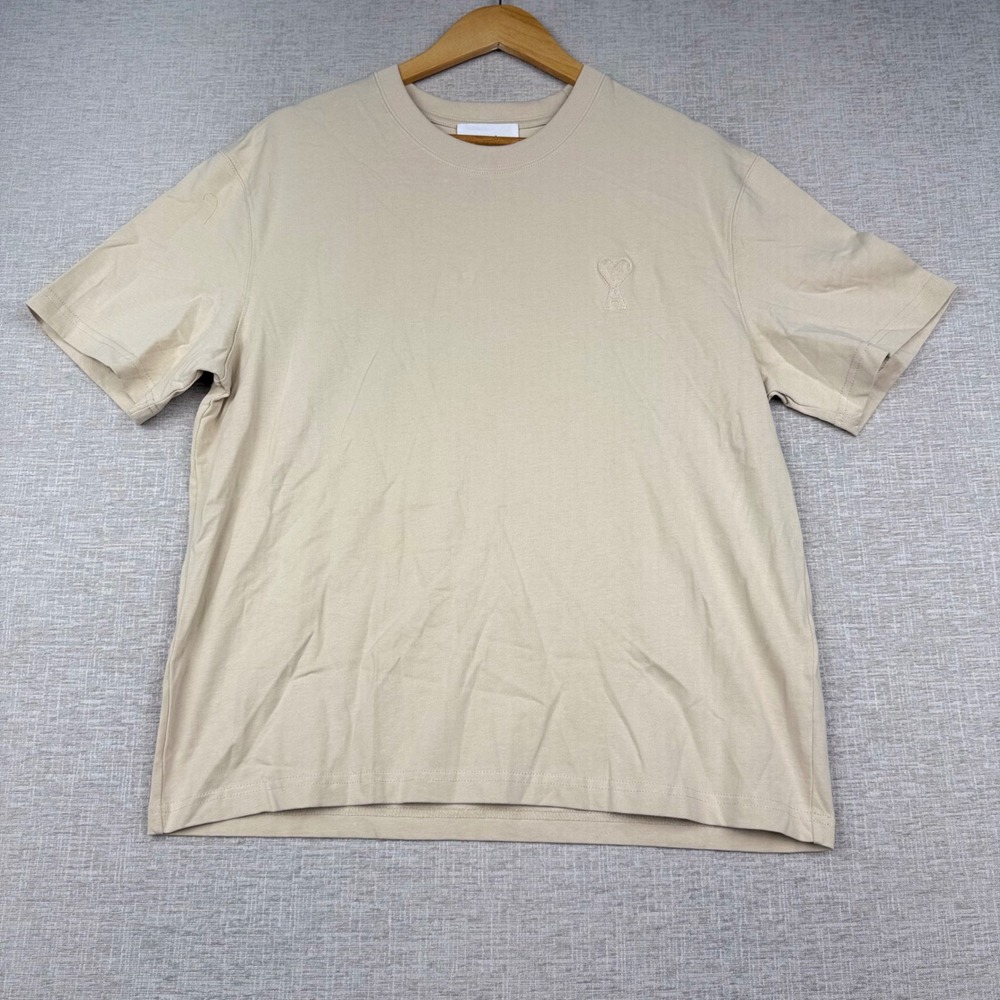 Ami Paris Mens Lrg . Ami de Coeur T-Shirt Beige Tan Tonal Logo Crew Neck